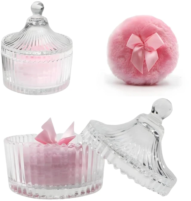 Main image of 2 Pcs Large Body Powder Puff and Container Powder Container with Puff Powder Puff Crystal Container Soft Washable Reusable Velour Face Body Glitter Powder Puff Wet Dry Makeup (Pink)