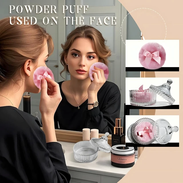 Alt view image 3 of 6 - 2 Pcs Large Body Powder Puff and Container Powder Container with Puff Powder Puff Crystal Container Soft Washable Reusable Velour Face Body Glitter Powder Puff Wet Dry Makeup (Pink)