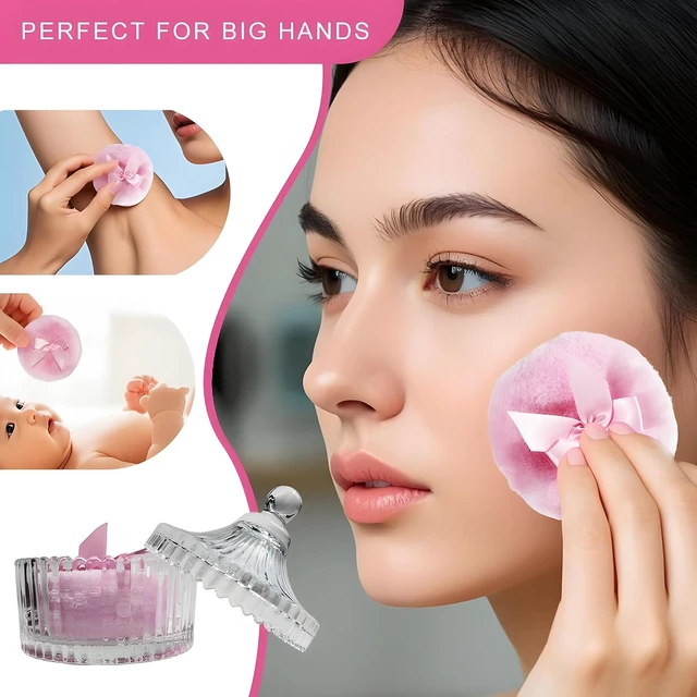 Alt view image 4 of 6 - 2 Pcs Large Body Powder Puff and Container Powder Container with Puff Powder Puff Crystal Container Soft Washable Reusable Velour Face Body Glitter Powder Puff Wet Dry Makeup (Pink)