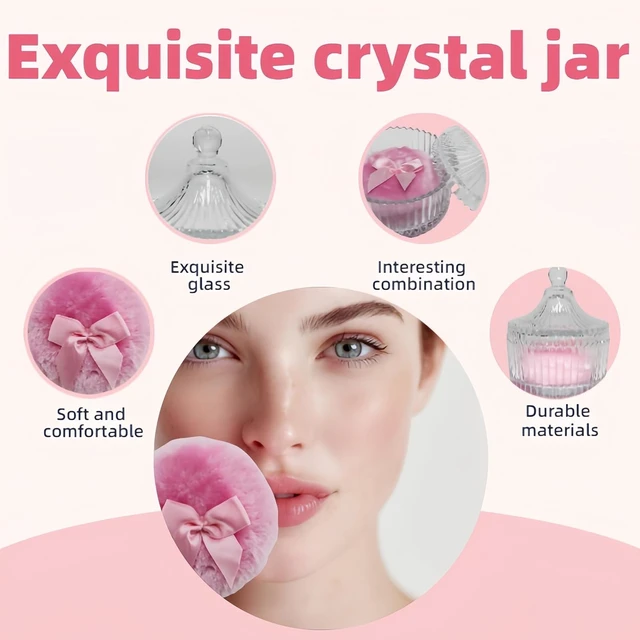Alt view image 5 of 6 - 2 Pcs Large Body Powder Puff and Container Powder Container with Puff Powder Puff Crystal Container Soft Washable Reusable Velour Face Body Glitter Powder Puff Wet Dry Makeup (Pink)