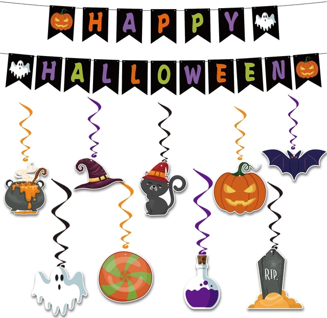 Main image of Halloween Party Decorations - Hanging Swirls Happy Halloween Banner | Spooky Pumpkin Ghost Bat Swirl Streamers | Halloween Party Favors Supplies Accessories for Home Wall Party Decor Outdoor Indoor
