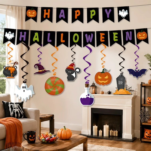 Alt view image 4 of 7 - Halloween Party Decorations - Hanging Swirls Happy Halloween Banner | Spooky Pumpkin Ghost Bat Swirl Streamers | Halloween Party Favors Supplies Accessories for Home Wall Party Decor Outdoor Indoor