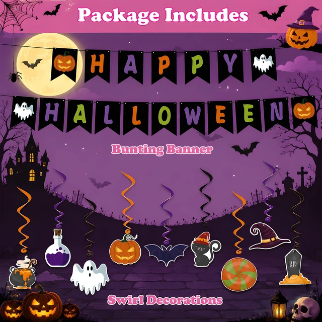Alt view image 3 of 7 - Halloween Party Decorations - Hanging Swirls Happy Halloween Banner | Spooky Pumpkin Ghost Bat Swirl Streamers | Halloween Party Favors Supplies Accessories for Home Wall Party Decor Outdoor Indoor
