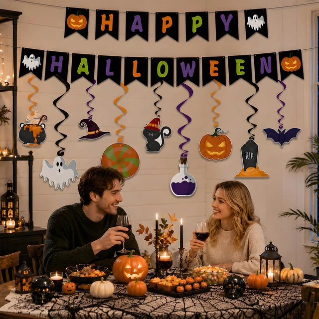 Alt view image 5 of 7 - Halloween Party Decorations - Hanging Swirls Happy Halloween Banner | Spooky Pumpkin Ghost Bat Swirl Streamers | Halloween Party Favors Supplies Accessories for Home Wall Party Decor Outdoor Indoor