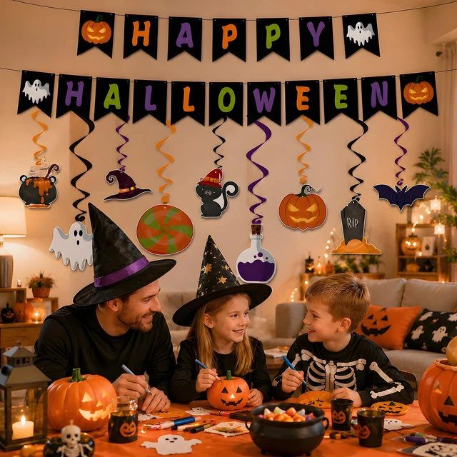 Alt view image 6 of 7 - Halloween Party Decorations - Hanging Swirls Happy Halloween Banner | Spooky Pumpkin Ghost Bat Swirl Streamers | Halloween Party Favors Supplies Accessories for Home Wall Party Decor Outdoor Indoor