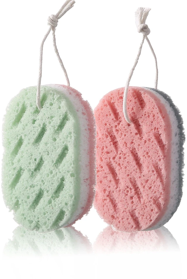 Main image of 2pcs Three Layer exfoliating Bath Sponge with Hanging Rope and Rich Foam