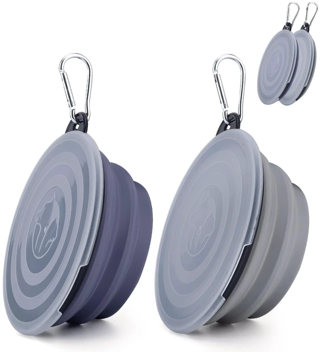 Main image of SLSON Dog Bowls Pet Collapsible Bowl with Cover Lids,2 Pack Dog Travel Bowls Portable Foldable Cat Water Dish Bowl for Pets Walking Parking Camping (Taro Purple and Concrete Gray, Small)