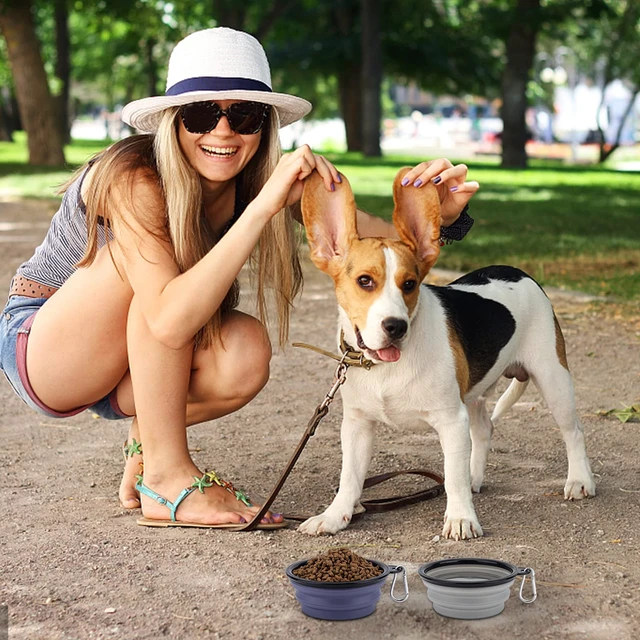 Alt view image 3 of 7 - SLSON Dog Bowls Pet Collapsible Bowl with Cover Lids,2 Pack Dog Travel Bowls Portable Foldable Cat Water Dish Bowl for Pets Walking Parking Camping (Taro Purple and Concrete Gray, Small)