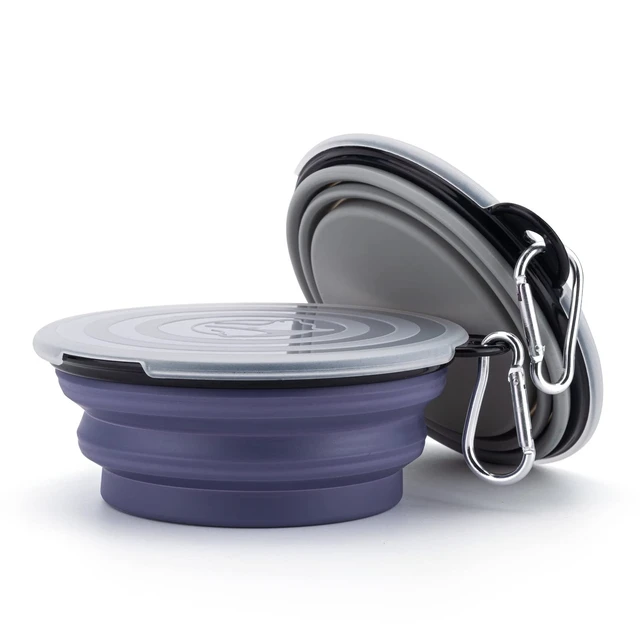 Alt view image 2 of 7 - SLSON Dog Bowls Pet Collapsible Bowl with Cover Lids,2 Pack Dog Travel Bowls Portable Foldable Cat Water Dish Bowl for Pets Walking Parking Camping (Taro Purple and Concrete Gray, Small)