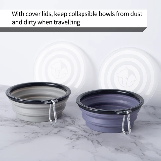 Alt view image 7 of 7 - SLSON Dog Bowls Pet Collapsible Bowl with Cover Lids,2 Pack Dog Travel Bowls Portable Foldable Cat Water Dish Bowl for Pets Walking Parking Camping (Taro Purple and Concrete Gray, Small)