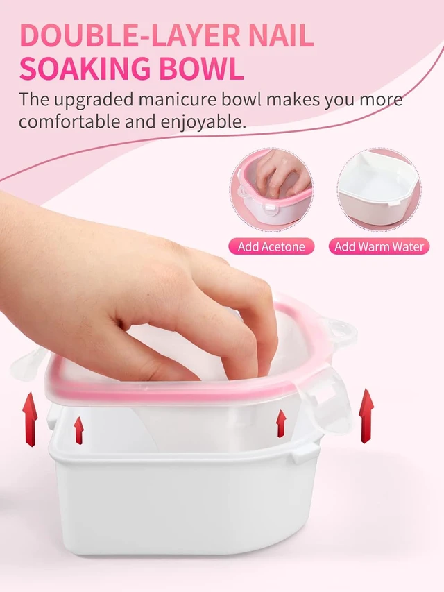 Alt view image 2 of 6 - Nail Soaking Bowl, Soak Off Gel Polish Dip Powder Remover Manicure Bowl with Triangle Cuticle Peeler and Stainless Steel Cuticle Pusher Nail Art Tool (Pink-3pcs set)