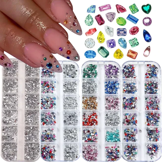 Main image of ONPRESS 4Boxes/48Gird Colorful Rhinestones Nail Art Charms 3D Flatback Rhinestones for Nails Art Design Heart Star Flower Nail Diamonds Kawaii Nail Crafts Acrylic Diamonds for Women Manicure