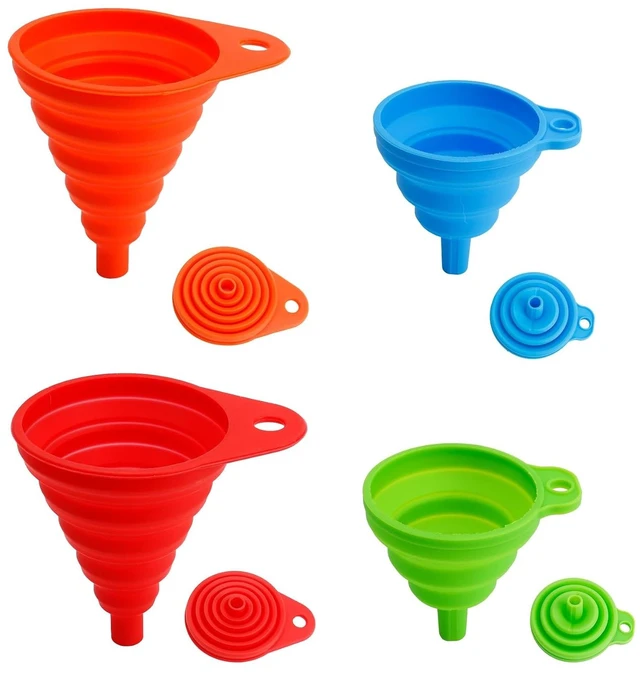 Main image of 4 Pack Silicone Collapsible Kitchen Funnel for Water Beer Oil Filling Bottles 2 Size Flexible Foldable Mini Small Large Scoop Funnel Set Camp Kitchen Hand Tools Gadgets Accessories Must Have Finds