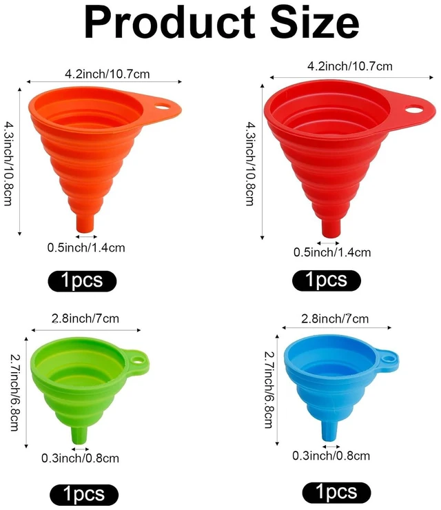 Alt view image 7 of 7 - 4 Pack Silicone Collapsible Kitchen Funnel for Water Beer Oil Filling Bottles 2 Size Flexible Foldable Mini Small Large Scoop Funnel Set Camp Kitchen Hand Tools Gadgets Accessories Must Have Finds