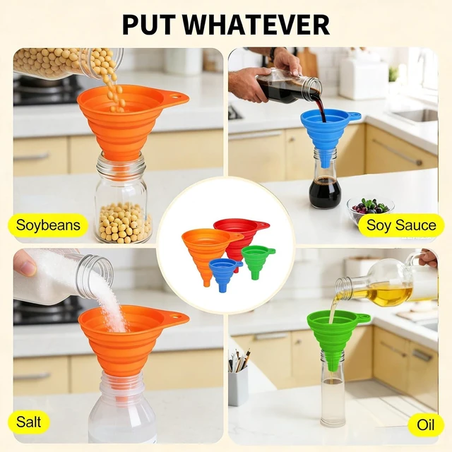 Alt view image 7 of 7 - 4-Pack Kitchen Funnel Set, Small and Large, Upgraded Kitchen Gadgets Accessories Foldable Silicone Collapsible Funnels for Filling Water Bottle Liquid Transfer Food Grade