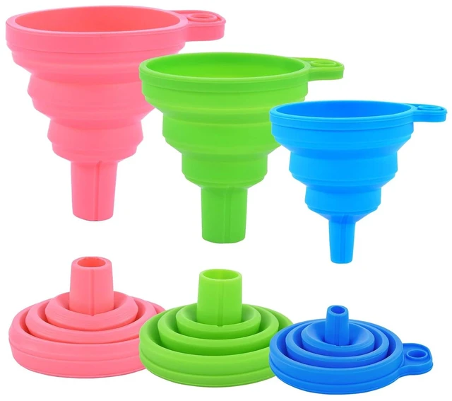 Main image of Kitchen Silicone Collapsible Funnel Set of 3,Small and Large,Flexible-Foldable-Cooking-Food-Grade Funnels for Filling Small or Mini Bottles,Perfume,Filling Capsules,Fry Oil Filter,Essential Oil,Spice