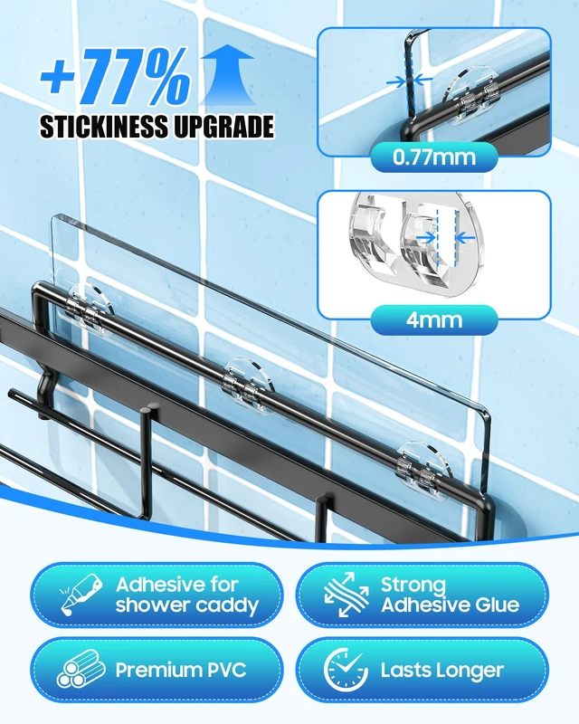Alt view image 3 of 7 - 9 Pack Shower Caddy Adhesive Replacement, Strong Waterproof Transparent Adhesive Strips, No Drilling Shower Shelf Adhesive Hooks for Bathroom Shelves, Corner Basket, Soap Holder & Kitchen Racks