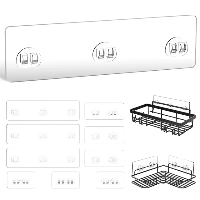 Alt view image 7 of 7 - 9 Pack Shower Caddy Adhesive Replacement, Strong Waterproof Transparent Adhesive Strips, No Drilling Shower Shelf Adhesive Hooks for Bathroom Shelves, Corner Basket, Soap Holder & Kitchen Racks