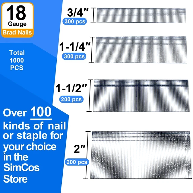 Alt view image 3 of 5 - 18 Gauge Brad Nails 4 Sizes (2",1-1/2",1-1/4",3/4"),1000-Pack