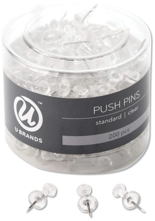 Main image of U Brands Push Pins, Plastic, 200-Count, Steel Point, Clear, for Cork Board