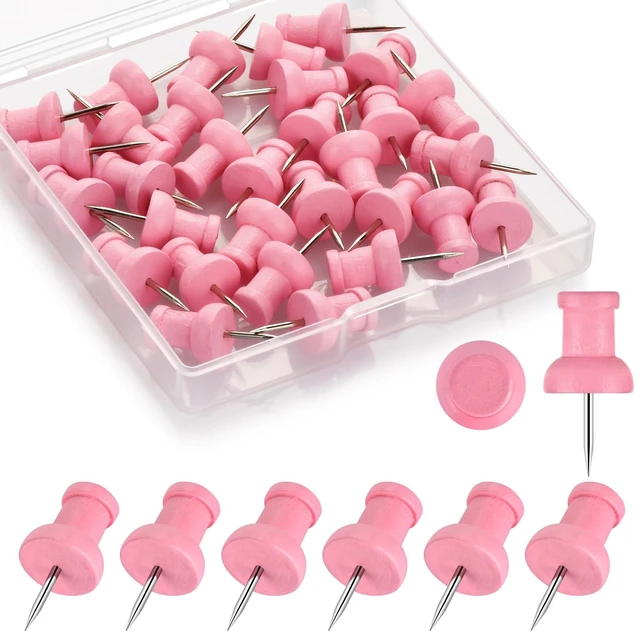 Main image of 40Pcs Wood Push Pins, Decorative Thumb Tacks, Wooden Pins and Tacks, Cork Board Thumbtacks, Cute Thumbtack for Wall and Bulletin Board, Map Pins (Pink)