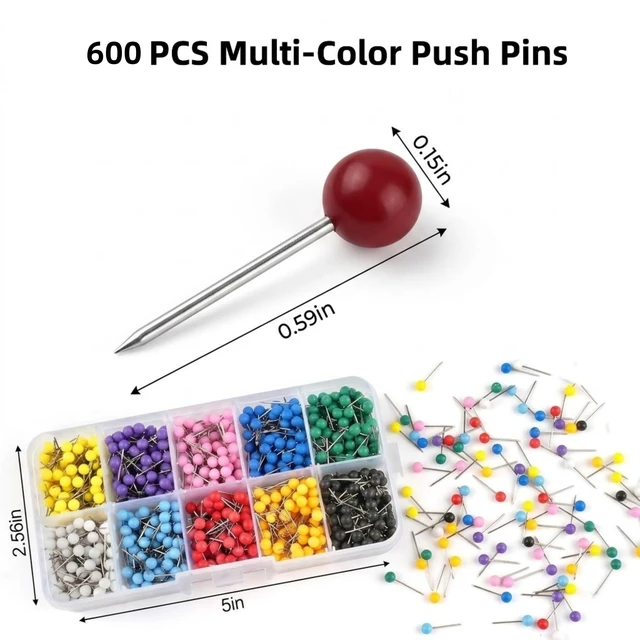 Alt view image 3 of 7 - 600 Pcs Colorful Push Pins for Travel Map & Cork Board, 1/8" Small Round Map Tacks with Clear Box, Stainless Steel Thumb Tacks for Wall Decor and Office Bulletin Board, 10 Assorted Colors