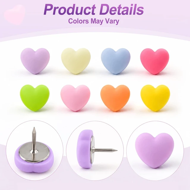 Alt view image 5 of 5 - 32 Pcs Push Pins, Cute Heart Shaped Matte Rainbow