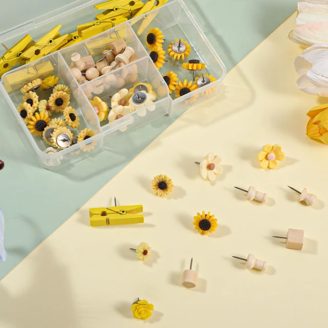 Alt view image 2 of 7 - 78 Pieces Push Pins Set Cute Thumb Tacks Decorative Flower Push Pins for Wall Cork Board Bulletin Boards with Storage Box(Yellow Style)