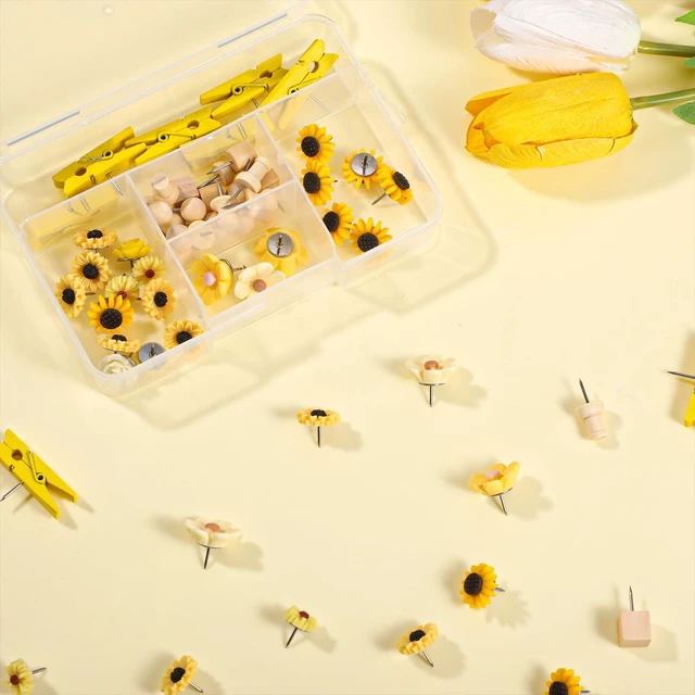 Alt view image 7 of 7 - 78 Pieces Push Pins Set Cute Thumb Tacks Decorative Flower Push Pins for Wall Cork Board Bulletin Boards with Storage Box(Yellow Style)
