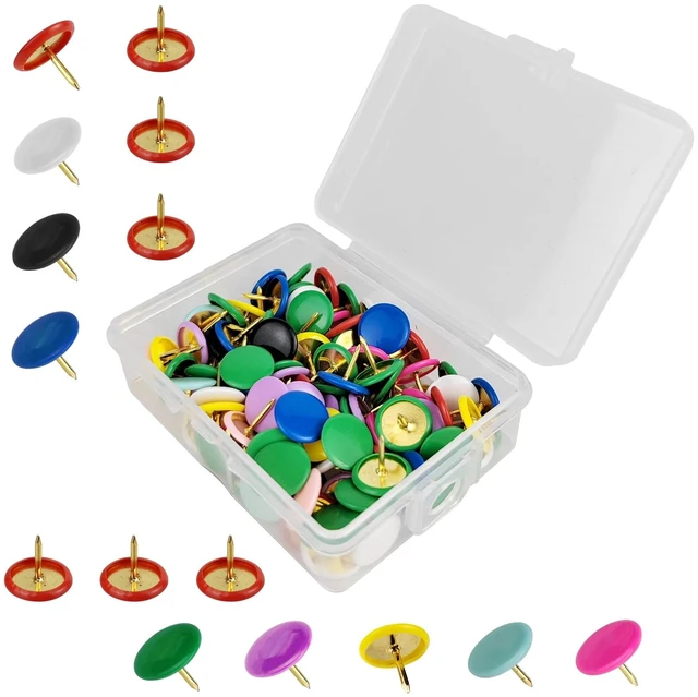Main image of 100 Pcs Thumb Tacks, Drawing Pins, Metal Flat Push Pins, Round Head Drawing Pins with Storage Box for Map, Photo Wall, Office, Corkboards (Multicolor, 100)