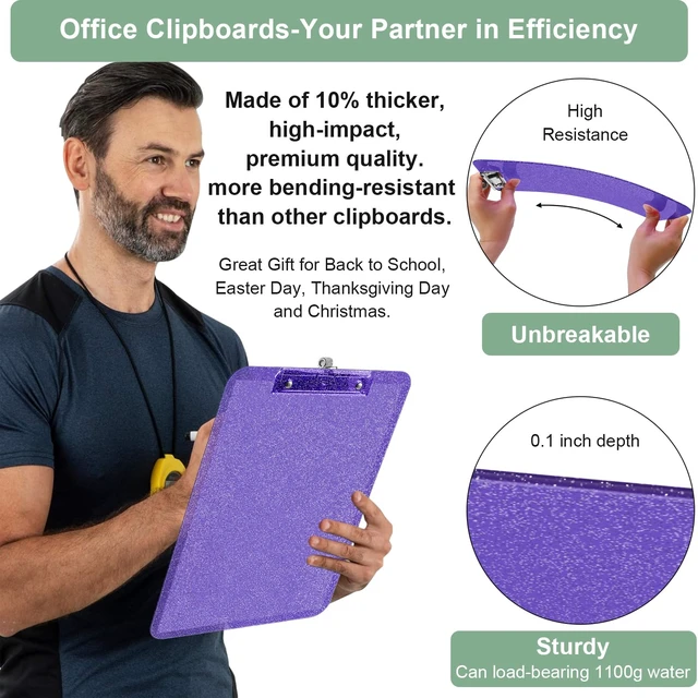 Alt view image 2 of 6 - SFLHHDM 1 Pcs Clear Glitter Clipboards, Plastic Clipboard with Pen Holder,Size 8.85 x 12.4 in Shiny Clipboards with Low Profile Clip,Cute Hanging Clipboard for Office School Sparkly Clip Board-Purple
