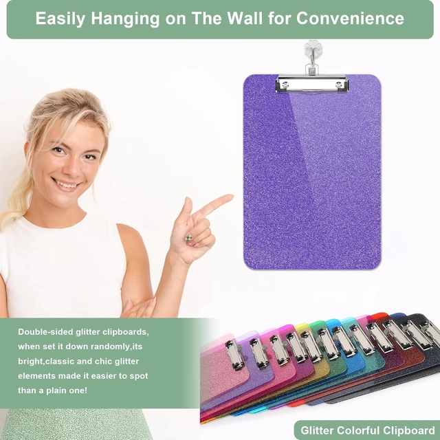 Alt view image 3 of 6 - SFLHHDM 1 Pcs Clear Glitter Clipboards, Plastic Clipboard with Pen Holder,Size 8.85 x 12.4 in Shiny Clipboards with Low Profile Clip,Cute Hanging Clipboard for Office School Sparkly Clip Board-Purple