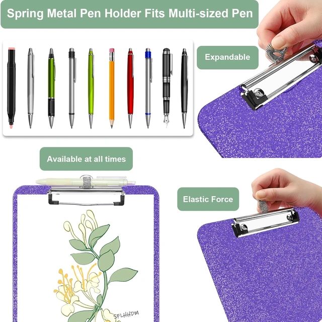 Alt view image 4 of 6 - SFLHHDM 1 Pcs Clear Glitter Clipboards, Plastic Clipboard with Pen Holder,Size 8.85 x 12.4 in Shiny Clipboards with Low Profile Clip,Cute Hanging Clipboard for Office School Sparkly Clip Board-Purple