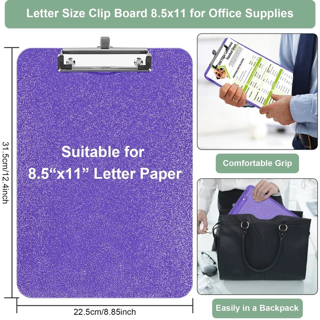 Alt view image 5 of 6 - SFLHHDM 1 Pcs Clear Glitter Clipboards, Plastic Clipboard with Pen Holder,Size 8.85 x 12.4 in Shiny Clipboards with Low Profile Clip,Cute Hanging Clipboard for Office School Sparkly Clip Board-Purple