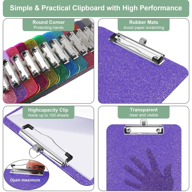 Alt view image 6 of 6 - SFLHHDM 1 Pcs Clear Glitter Clipboards, Plastic Clipboard with Pen Holder,Size 8.85 x 12.4 in Shiny Clipboards with Low Profile Clip,Cute Hanging Clipboard for Office School Sparkly Clip Board-Purple