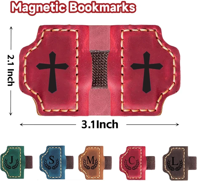 Alt view image 3 of 7 - Bygone Mark Personalized Magnetic Leather Bookmark with Pen Holder, Magnetic Cross Bookmark, Christian Book Lovers Reading Accessory, Marker for Book Lovers Men Women (Red, Cross)