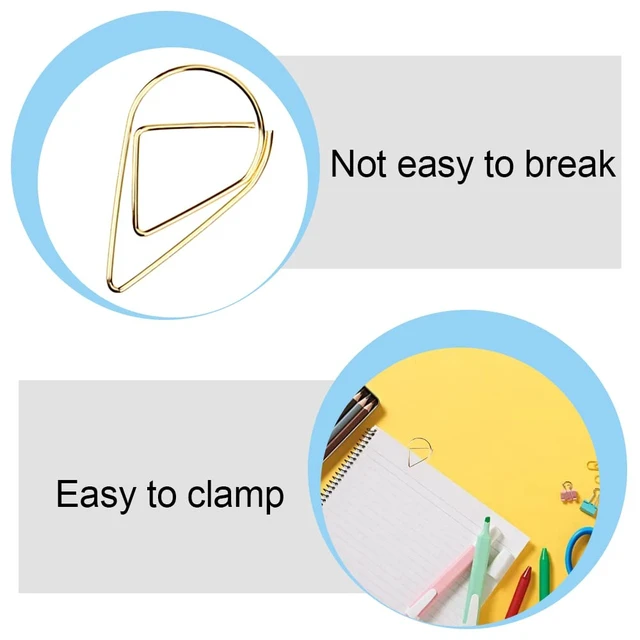 Alt view image 6 of 7 - 100 Pcs Small Golden Paperclips Stainless Steel Waterdrop Shaped Paperclips Bookmarks Paper Clips Clamps for Memo Paper Photo 15 * 25mm (Gold)