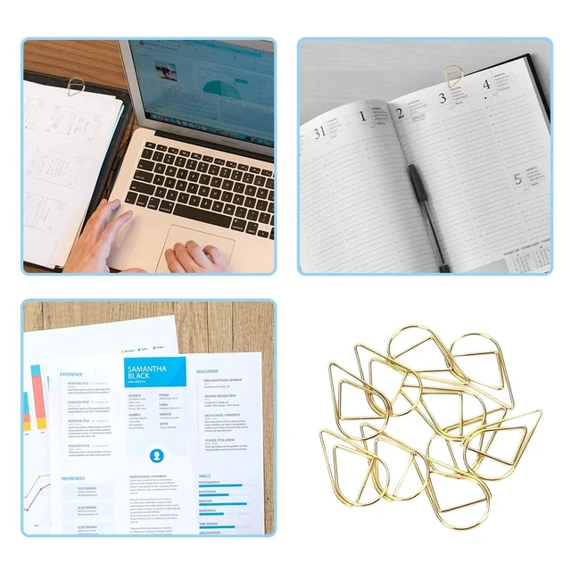 Alt view image 3 of 7 - 100 Pcs Small Golden Paperclips Stainless Steel Waterdrop Shaped Paperclips Bookmarks Paper Clips Clamps for Memo Paper Photo 15 * 25mm (Gold)