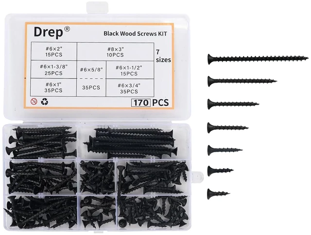 Main image of 170-Piece Screw Assortment Kit, Multi-Size Phillips Flat Head Black Wood Screws for Home Repair and Furniture Assembly