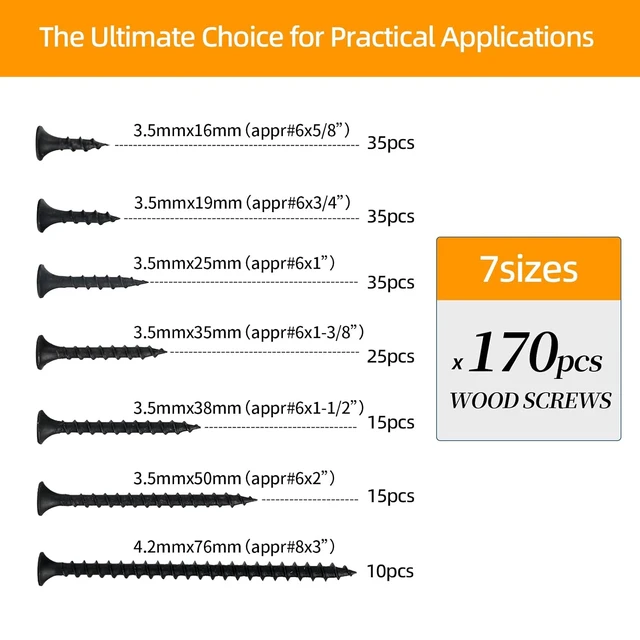 Alt view image 5 of 6 - 170-Piece Screw Assortment Kit, Multi-Size Phillips Flat Head Black Wood Screws for Home Repair and Furniture Assembly