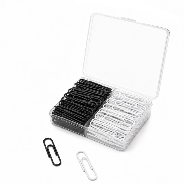 Main image of Prelady 140PCS Black White Paper Clips, 1.3 Inch Single Size Coated Paperclips, Neutral Dual Tone with Slim 2-Slot Storage Case for Business Office School Document Sorting