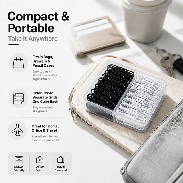 Alt view image 3 of 7 - Prelady 140PCS Black White Paper Clips, 1.3 Inch Single Size Coated Paperclips, Neutral Dual Tone with Slim 2-Slot Storage Case for Business Office School Document Sorting