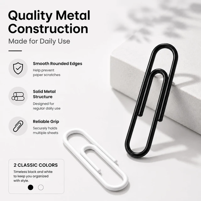 Alt view image 2 of 7 - Prelady 140PCS Black White Paper Clips, 1.3 Inch Single Size Coated Paperclips, Neutral Dual Tone with Slim 2-Slot Storage Case for Business Office School Document Sorting