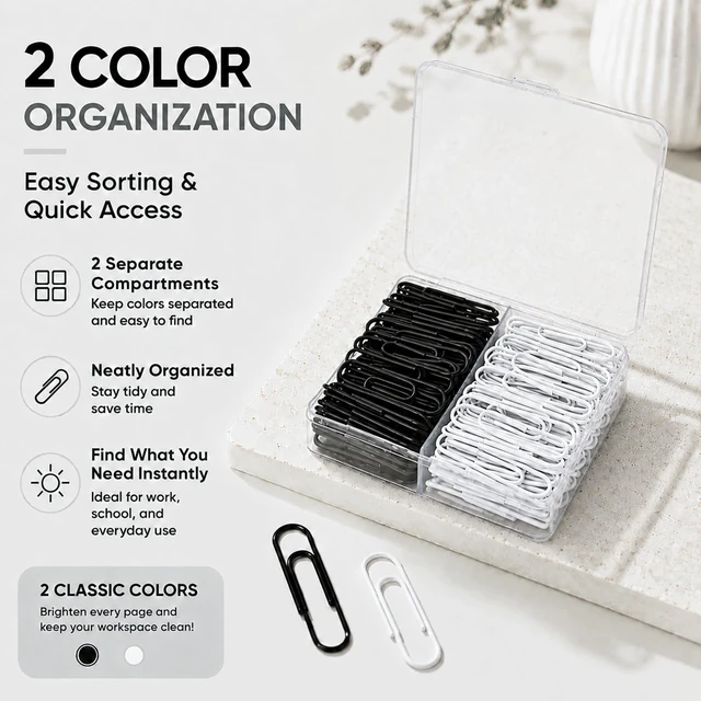 Alt view image 6 of 7 - Prelady 140PCS Black White Paper Clips, 1.3 Inch Single Size Coated Paperclips, Neutral Dual Tone with Slim 2-Slot Storage Case for Business Office School Document Sorting