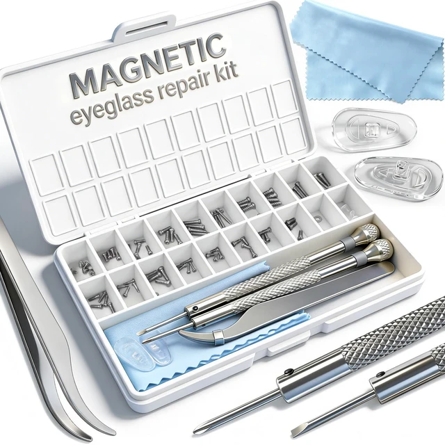 Main image of Magnetic Eyeglass Repair Kit with Precision Screwdrivers, 21Size Eyeglass Screws, Nuts, Washers, Tweezers, Nose Pads & Microfiber Cloth for Sunglasses, Reading Glasses & Safety Goggles