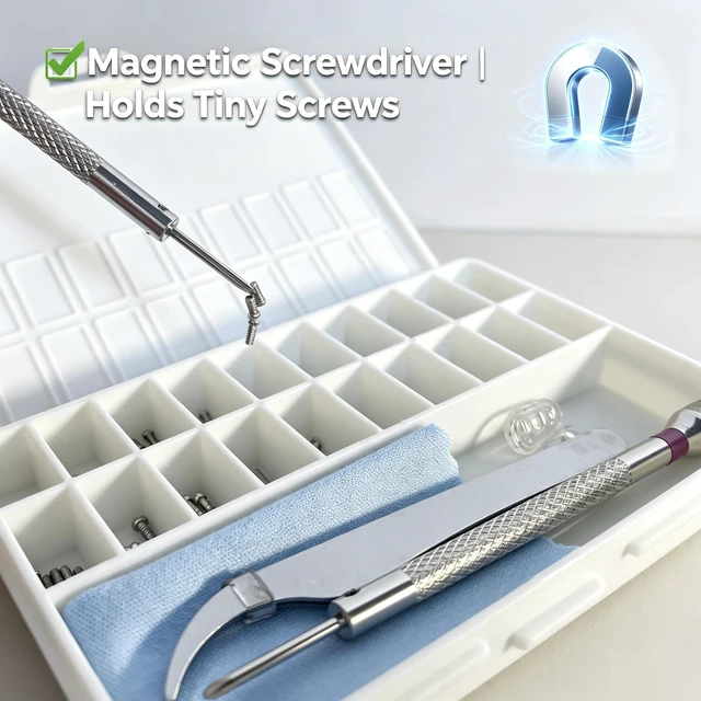 Alt view image 4 of 7 - Magnetic Eyeglass Repair Kit with Precision Screwdrivers, 21Size Eyeglass Screws, Nuts, Washers, Tweezers, Nose Pads & Microfiber Cloth for Sunglasses, Reading Glasses & Safety Goggles