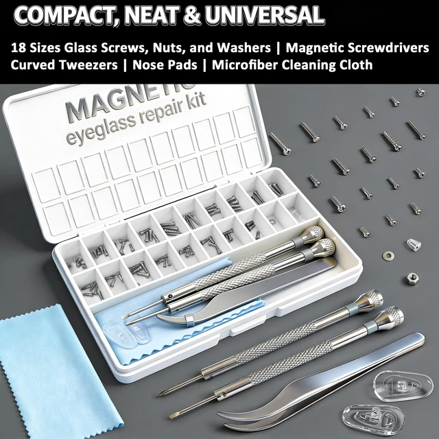 Alt view image 7 of 7 - Magnetic Eyeglass Repair Kit with Precision Screwdrivers, 21Size Eyeglass Screws, Nuts, Washers, Tweezers, Nose Pads & Microfiber Cloth for Sunglasses, Reading Glasses & Safety Goggles