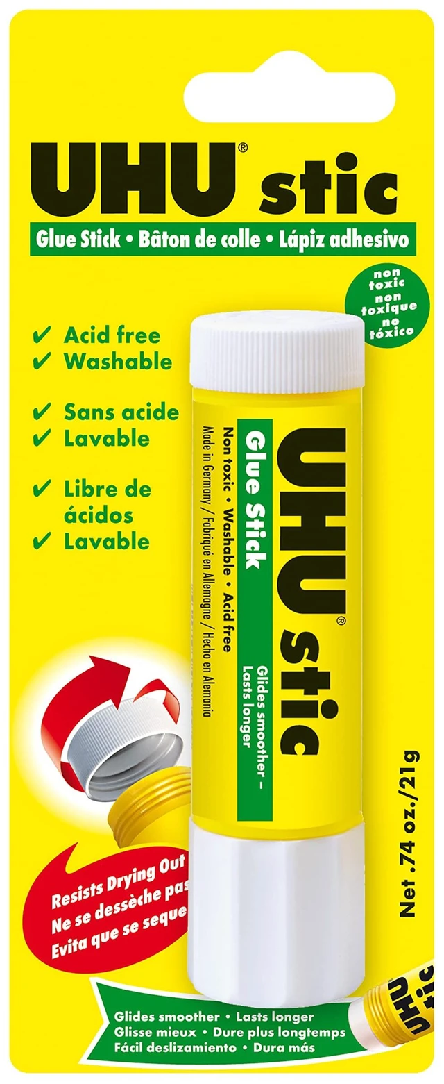 Main image of UHU stic, Glue Stick Solvent Free, Washable, Screw on Cap, for School, Crafts, Scrapbooking 1 x 21g Blister, White