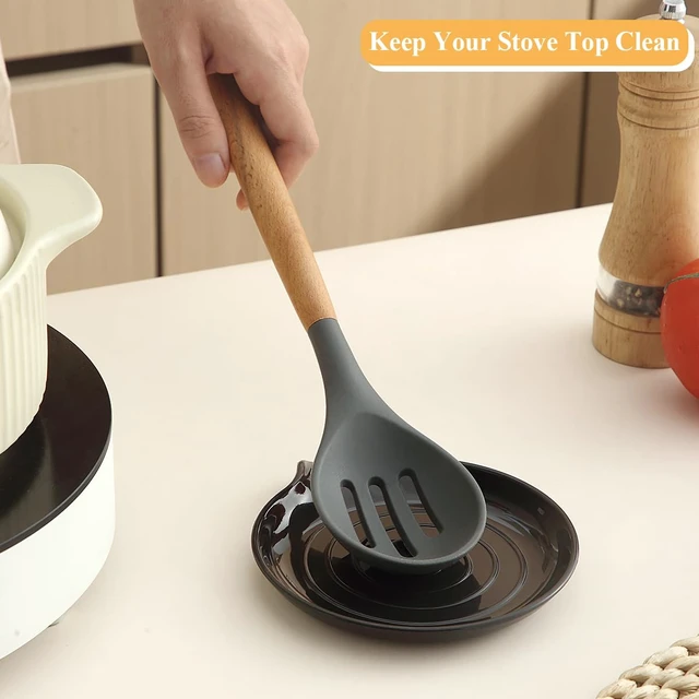 Alt view image 7 of 7 - Homquen Spoon Rest, Spoon Holder for Stove Top, Plastic Kitchen Spoon Rest for Kitchen Counter, Spatula Holder, Kitchen Gadget Holder for Ladles, Tongs, Cooking Spatula, 5.8x5.1 Inch (Black)