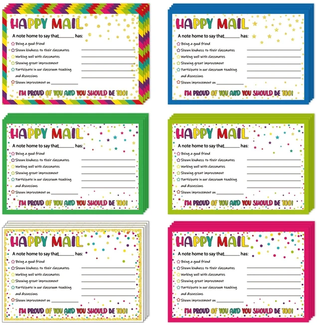 Main image of 60Pcs Colorful Happy Mail Teacher Notes to Parents Classroom Good Behavior Incentive Motivational Cards Positive Postcards to Send Home for Home Classroom Kindergarten Elementary School